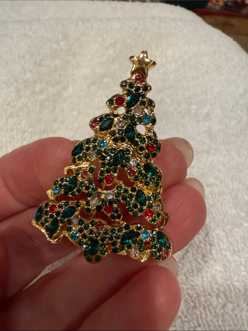 Talbots Gold-Tone Christmas Tree Brooch with Green, Red and Clear Stones